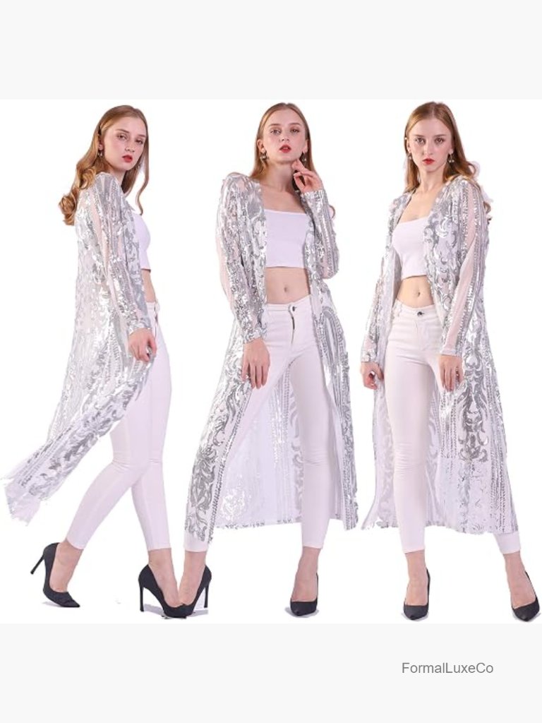 Glitter Sequin Cardigan Long Sleeve Duster Open Front Evening Party Cover Up